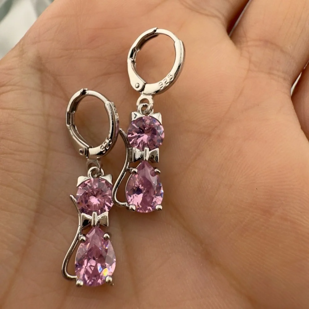 New Silver 925 Pink Cat Earrings